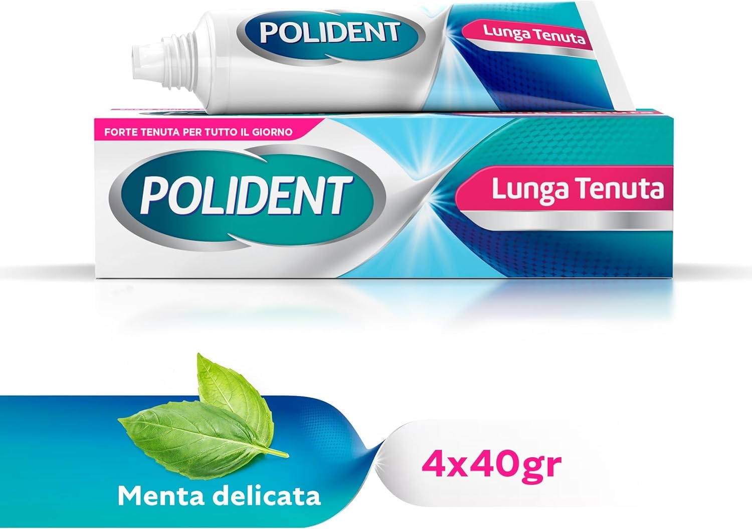 Polident Lunga Tenuta, Adesivo per Protesi Dentale, fino a 12 Ore di Tenuta Giornaliera, Gusto Menta Delicata, Pacco da 4x40 g
