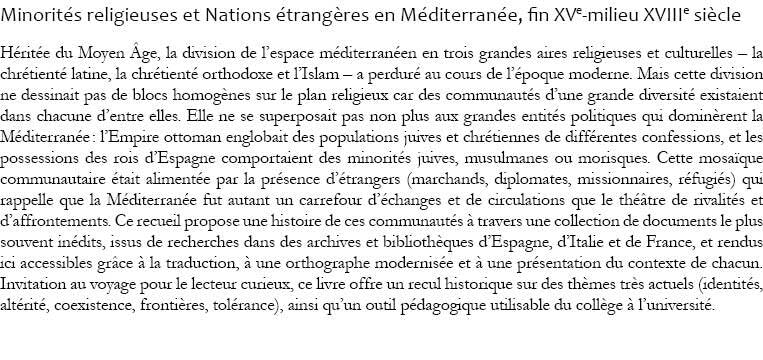 Minorités religieuses et Nations étrangères en Méditerranée, fin XVe-milieu XVIIIe siècle