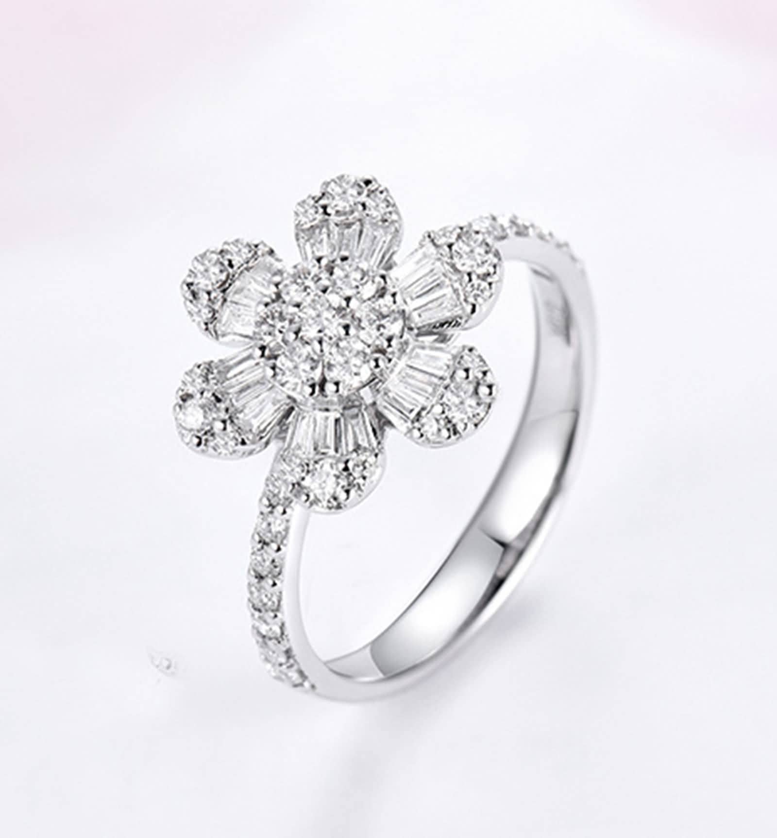 Pierścionki 14K Białe Złoto, Dziewczyna Pierścionek 0,65 ct Diament Kwiat Rocznica Ślubny Prezent Pierścień Rozmiar 6,75-20