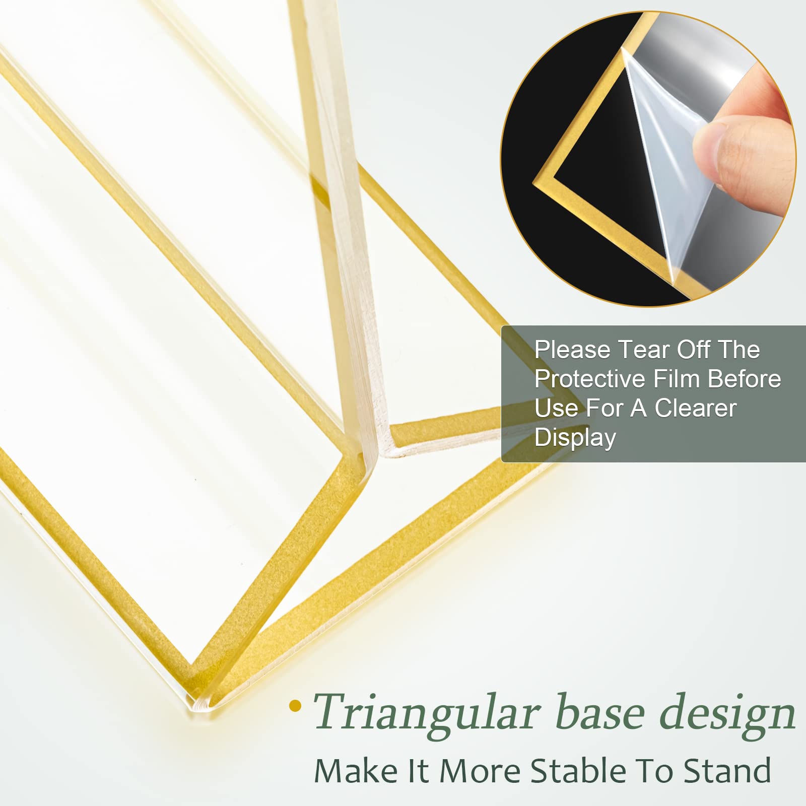12 soportes de acrílico transparente con marcos dorados, soporte de exhibición de menú de doble cara con bordes dorados, soporte de números de mesa de 2 mm para tarjetas de recetas de boda, exhibición
