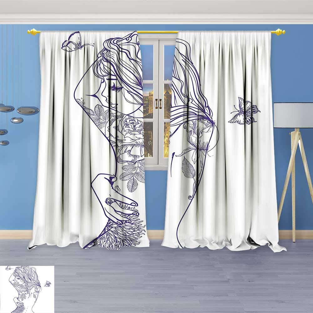 Philiphome Art Curtains Collection,Young Girl with Tattoos and Butterflies Free Your Soul Inspired Long Hair Feminine Window Curtain Set of 2 Panels, Living Room