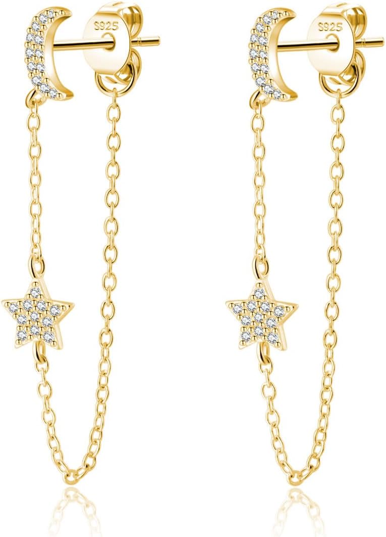 Reffeer Solid 925 Sterling Silver Moon Chain Dangle Earrings for Women Teen Girls CZ Star Chain Drop Earrings
