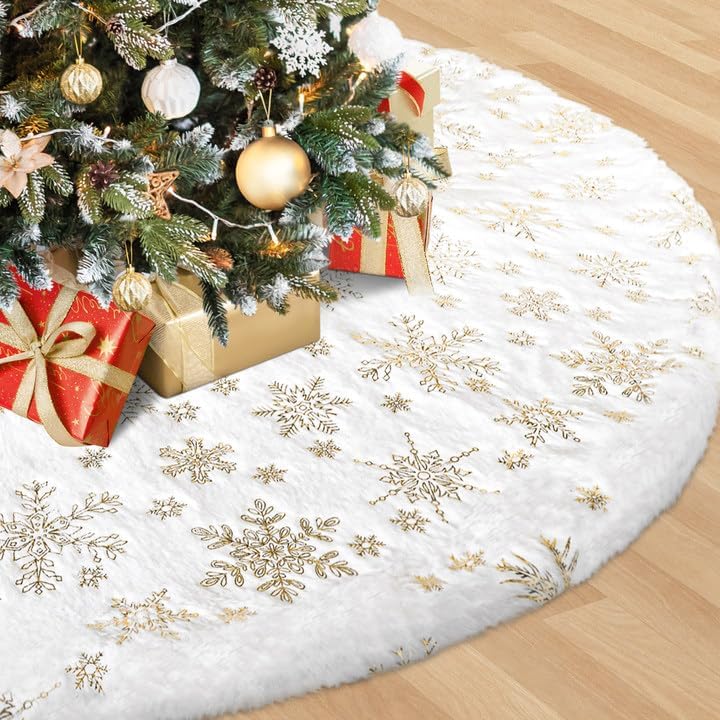 Christmas Tree Skirt, 48 inches White Luxury Christmas Tree Skirts with Snowflake, Xmas Tree Skirt Decorations for Christmas New Year Party Decor