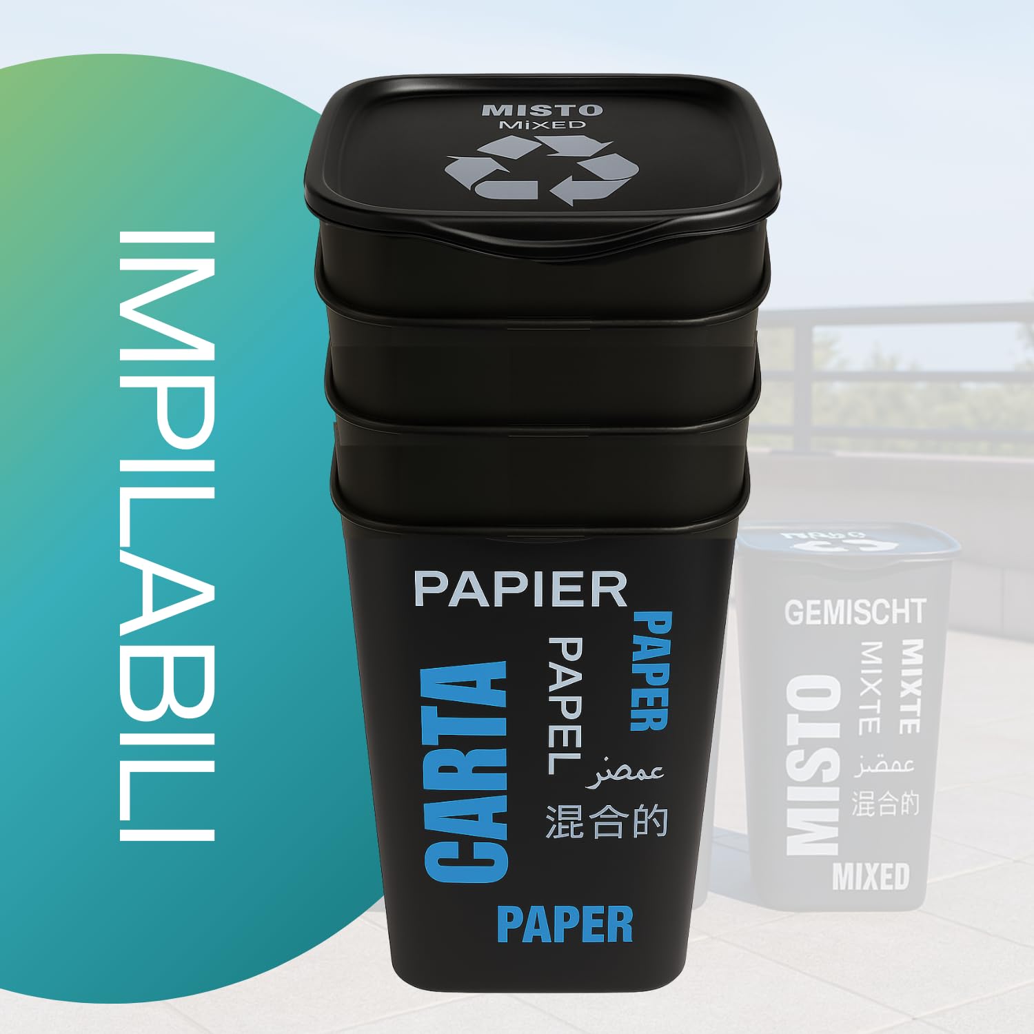 Paluplus Set 4 Pattumiere da 50 Litri con Scritte Colorate per Raccolta Differenziata, misura 37,5x36x53,5cm, Bidoncini Spazzatura con Coperchio Impilabili per Carta, Plastica, Vetro, Misto -1102F -11