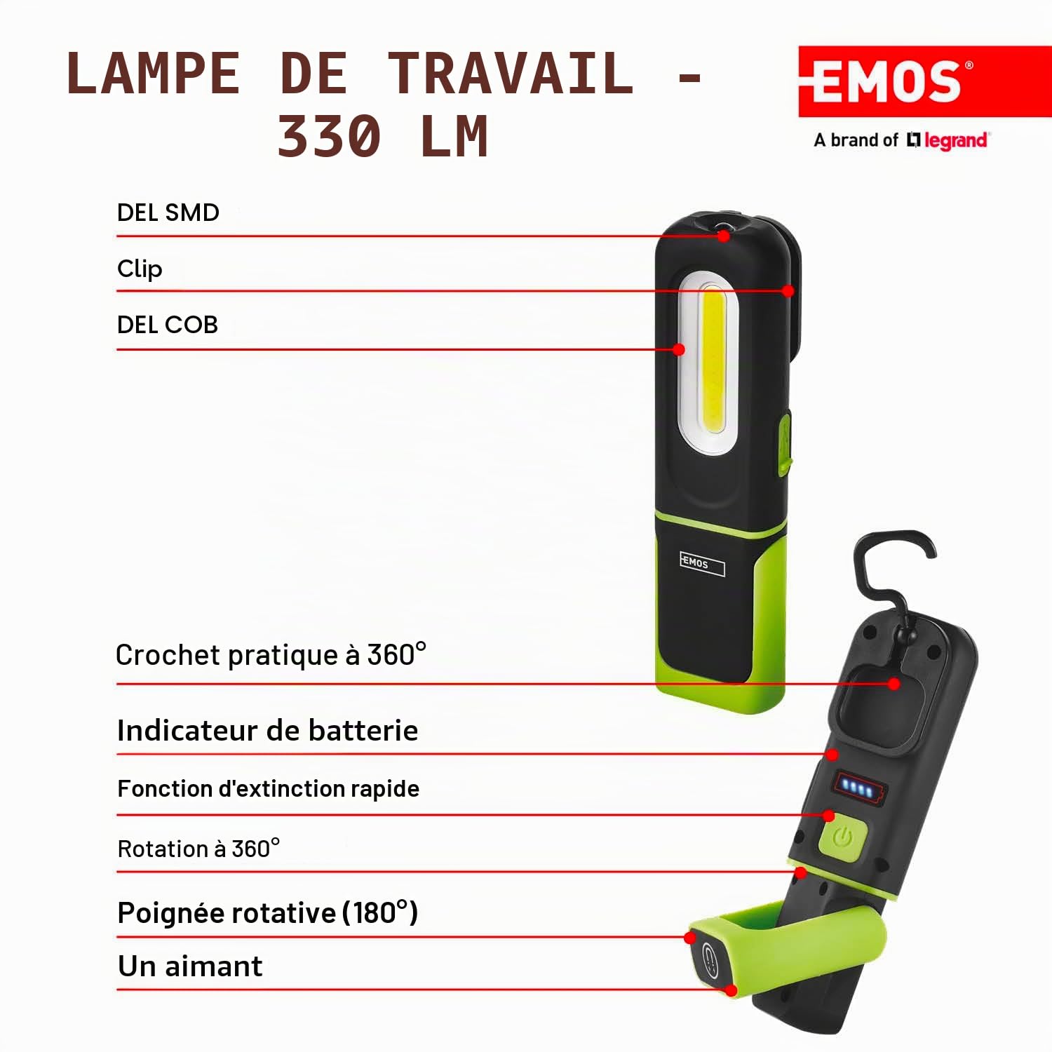 EMOS - Lampe de travail LED rechargeable - Base magnétique, crochet, réglable - Résistant aux chocs, étanche - 300 lm, max. 45 m - 3 modes d'éclairage - 7 heures - Câble USB - IP43 pour l'extérieur