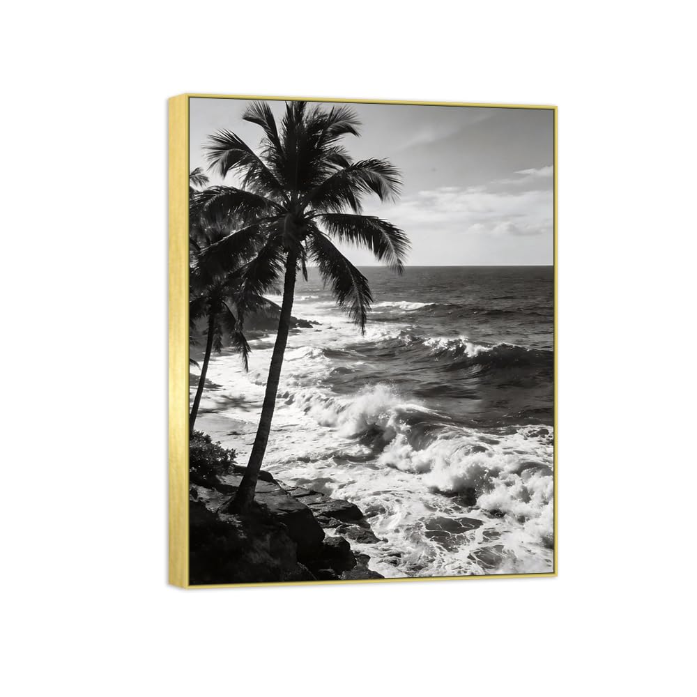 Sea Palm Tree 3 Black White Landscape Canvas Picture 90x117cm Gold Frame