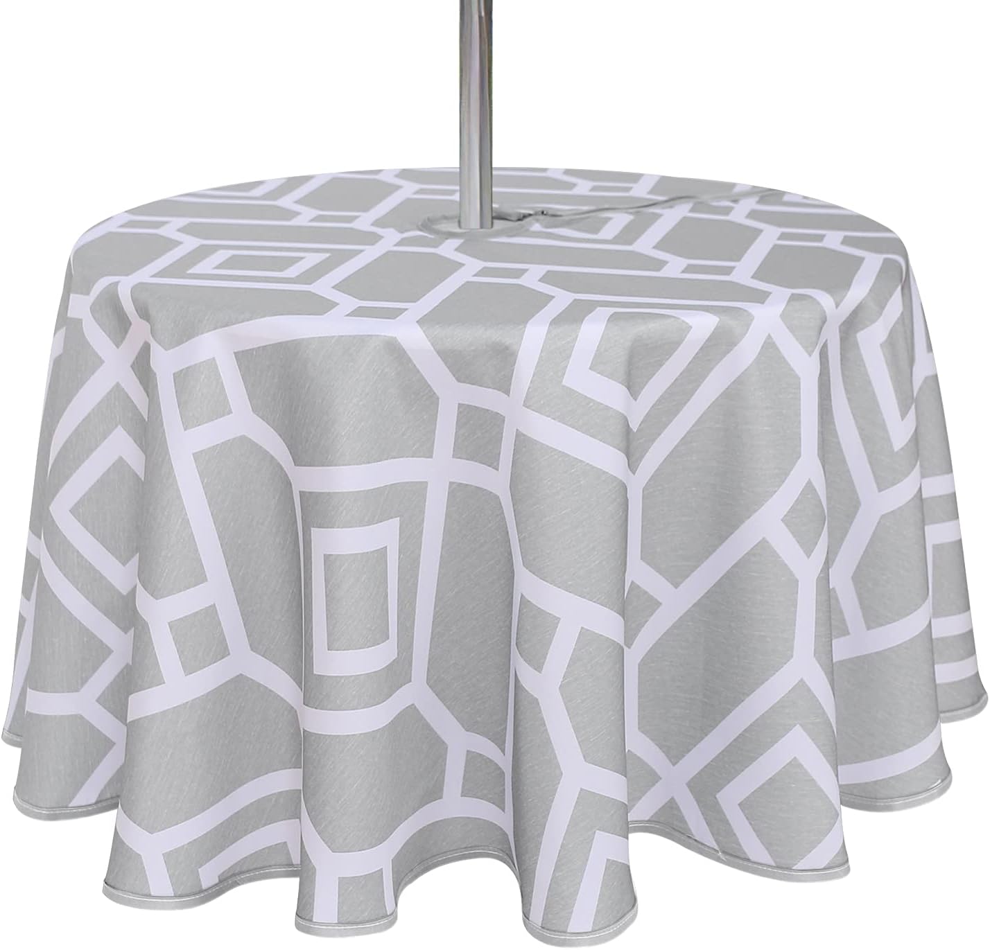 LUSHVIDA Moroccan Outdoor Round Tablecloth with Umbrella Hole and Zipper, 60 Inch Silver, Waterproof Wrinkle Free Table Cloth Decorative Fabric Washable Table Cover for Patio, Party, Picnic