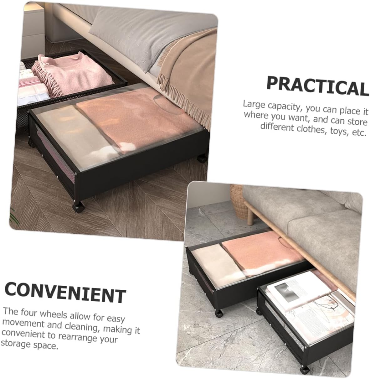 Uonlytech Under Bed Organizer Storage Case with Wheels Mesh Sundries Holder for Clothes Books Space-saving Dustproof Container Black Transparent Cover for Bedroom Storage