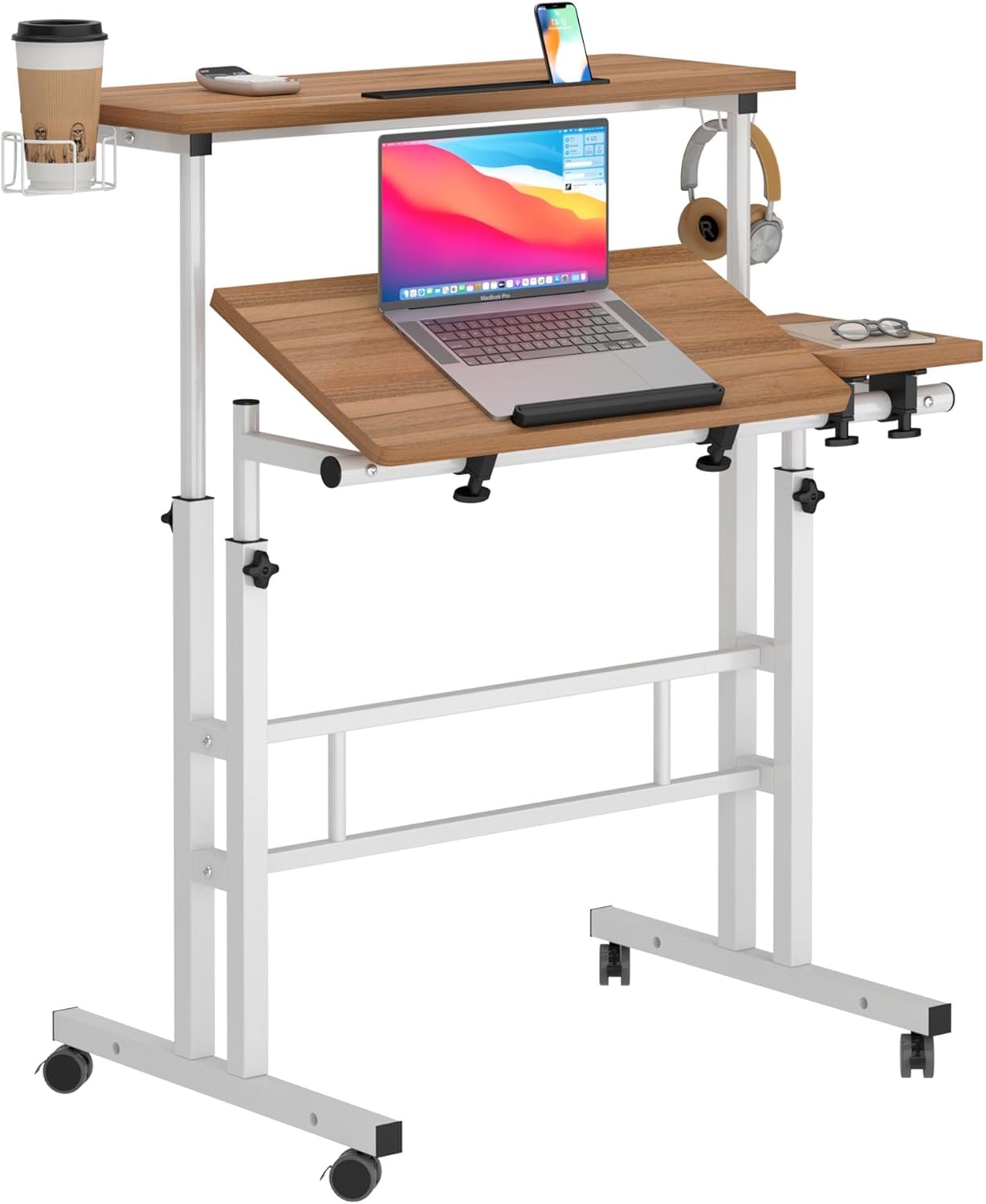 SogesPower 2 Platforms Mobile Laptop Desk Adjustable Side Table Computer Stand for