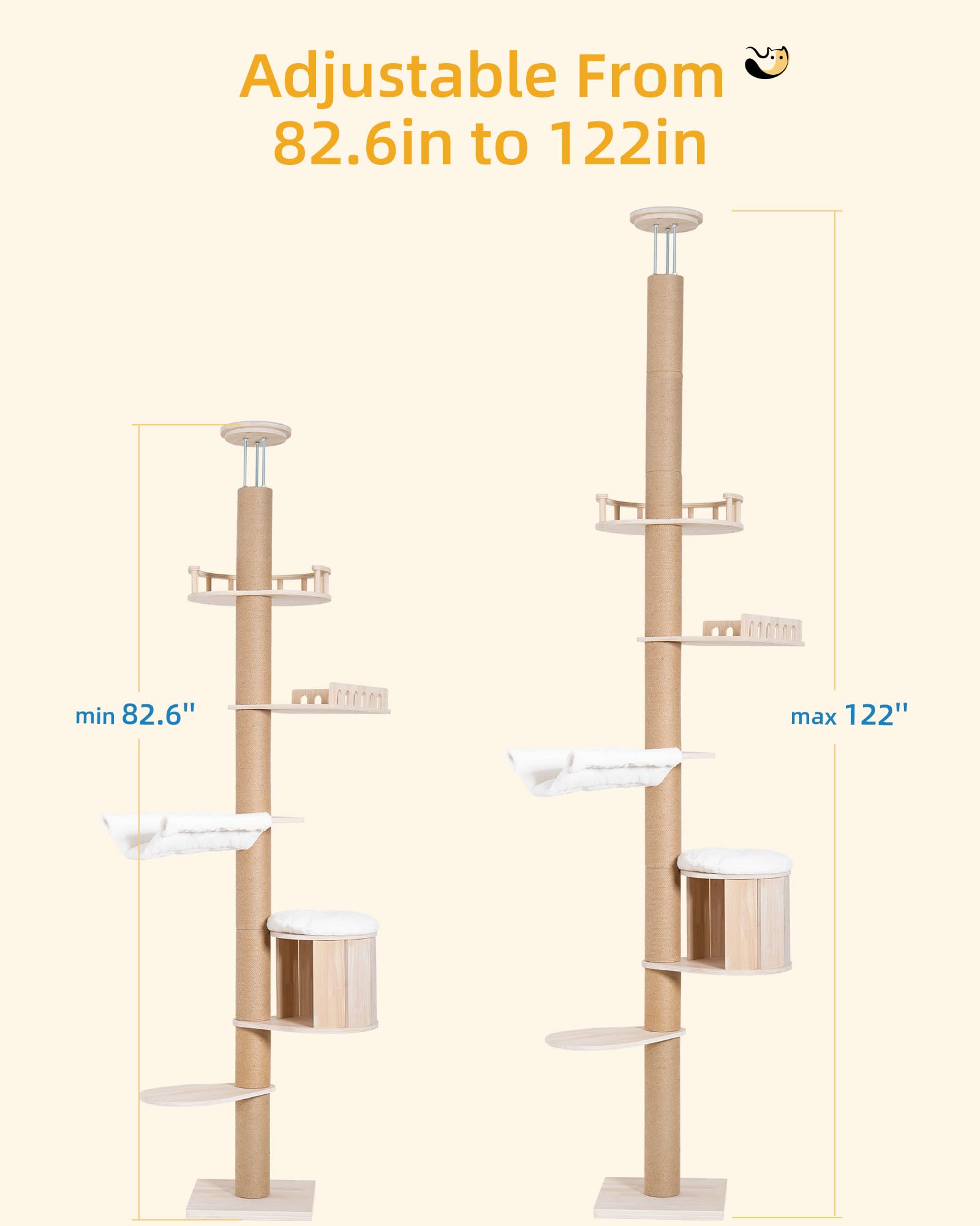 Tall Floor to Ceiling Cat Tree for Large Cats, Cat Tower with Scratching Post, Adjustable Height(82-122 in), Large Condo Cave Bed and Hammock for Indoor Cats, Cat Climbing Pole, Wood - image 4