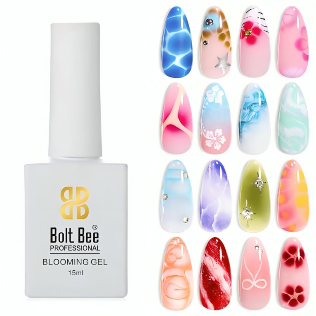 Bolt Bee Blooming Gel 15ml Clear Uv Led Blossom Gel Polish for Spreading Effect Marble Natural Stone Watercolor Floral Print Soak off Diy Nail Art Design Manicure Gift for Women (Blooming gel)-image-13
