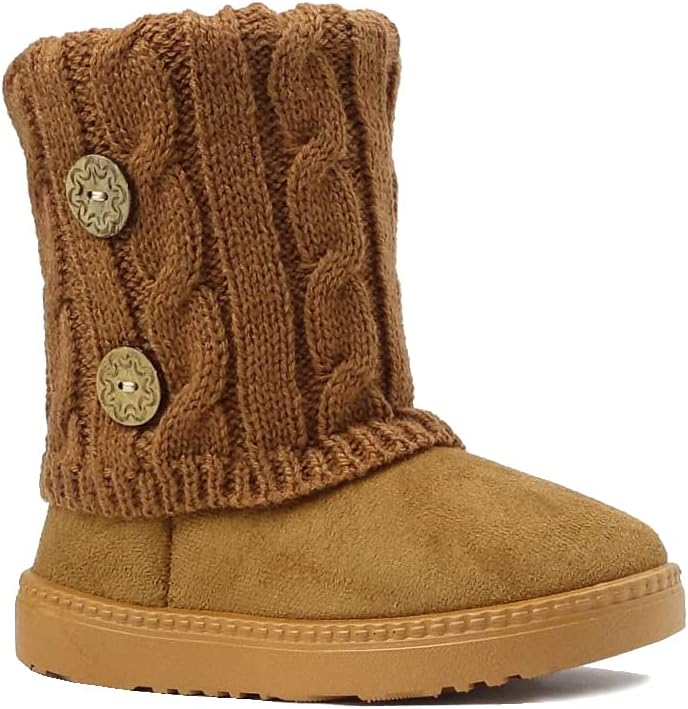 REDVOLUTION Kids Boots Toddler Girls Cute 2 Buttons || Rhinestone Faux Fur Suede Knitting Shoe, Camel, 8 Toddler