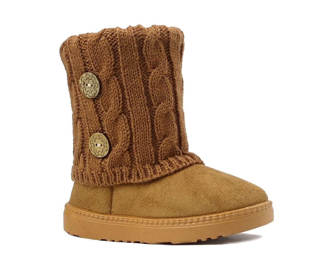 REDVOLUTION Kids Boots Toddler Girls Cute 2 Buttons || Rhinestone Faux Fur Suede Knitting Shoe, Camel, 8 Toddler