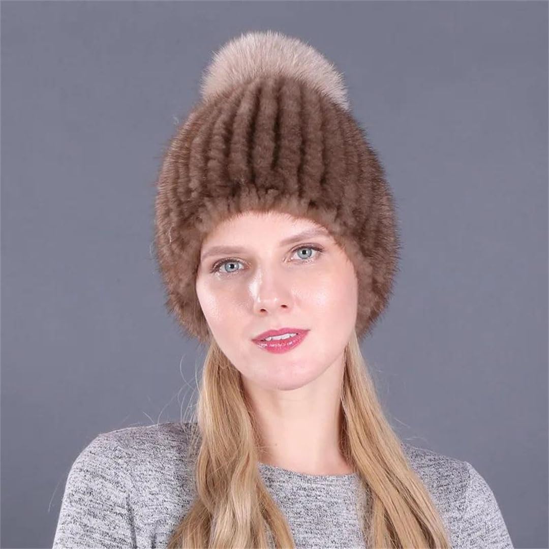 Cappello da donna in pelliccia di visone lavorato a maglia a mano berretto freddo cappelli in pelliccia pompon elastico