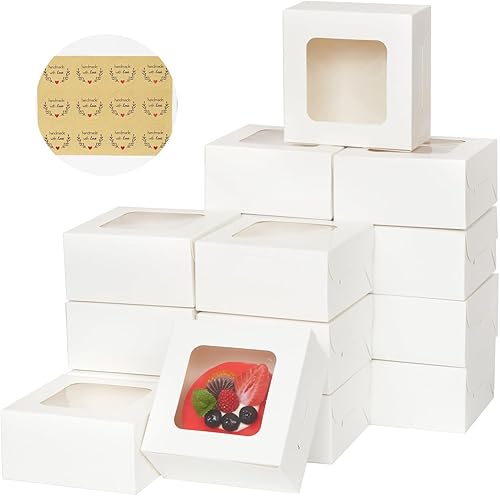 Zzrywuty 50 paquetes de cajas blancas de galletas de 5 x 5 x 2.5 pulgadas, cajas de panadería con ventana, mini cajas para pasteles, cajas para