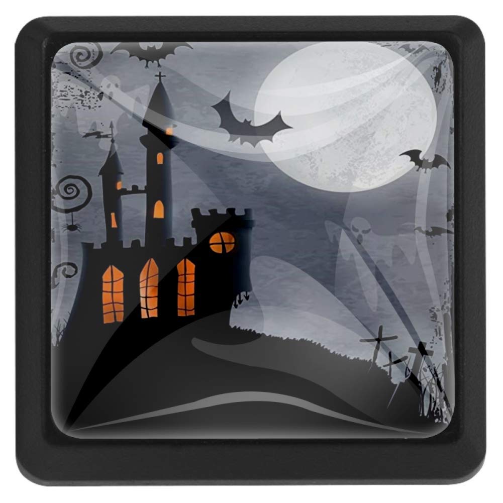 Halloween Themed Asymmetric Caste with Scary Bats and Ghosts Full Moon, 3 Pcs Crystal Class Cabinet Knobs Drawer Kitchen Cabinets Dresser Cupboard Wardrobe Pulls Handles 35mm