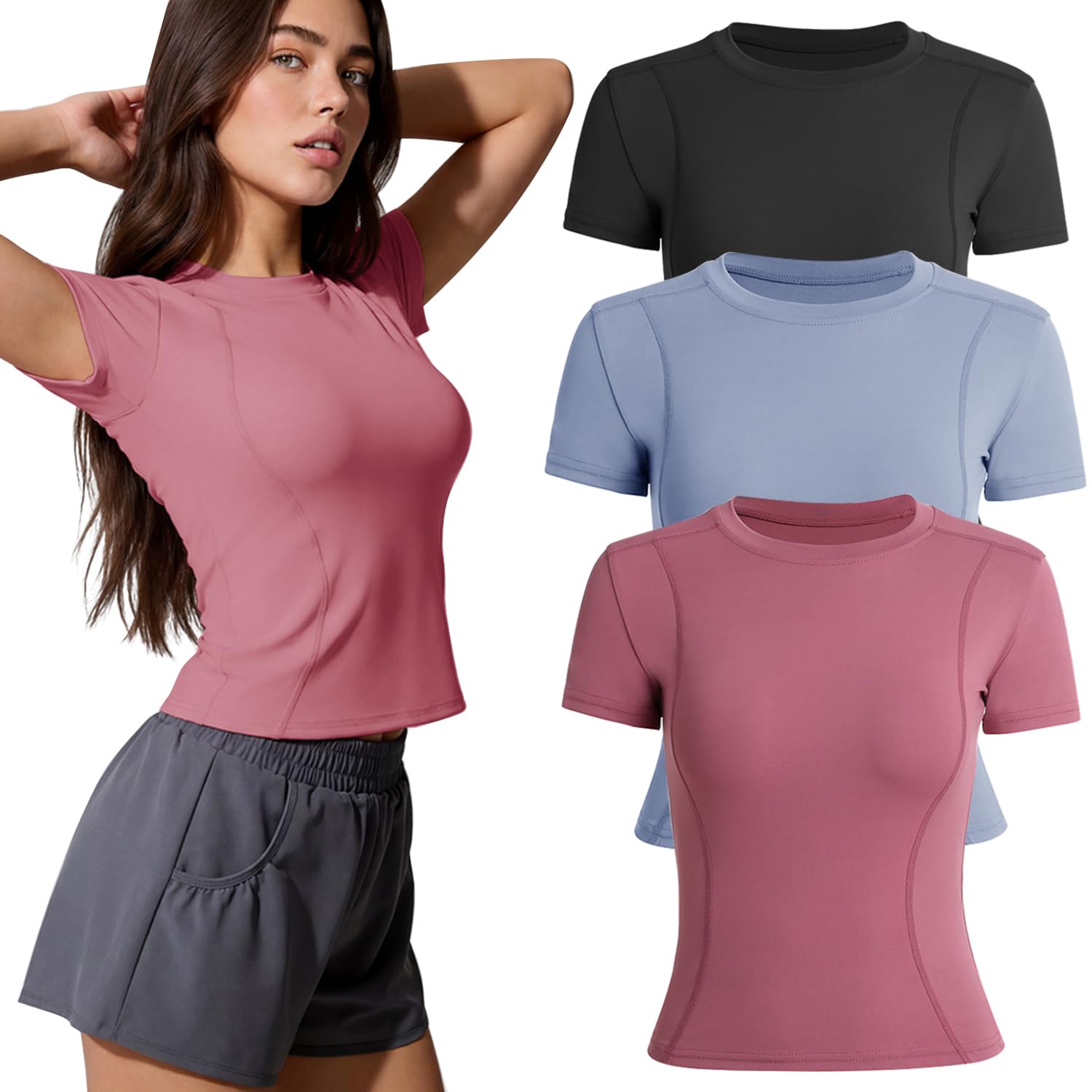 Lot de 3 hauts de sport pour femme - T-shirt basique à manches courtes - Séchage rapide - Extensible - Pour le sport, la gym, le fitness, le yoga