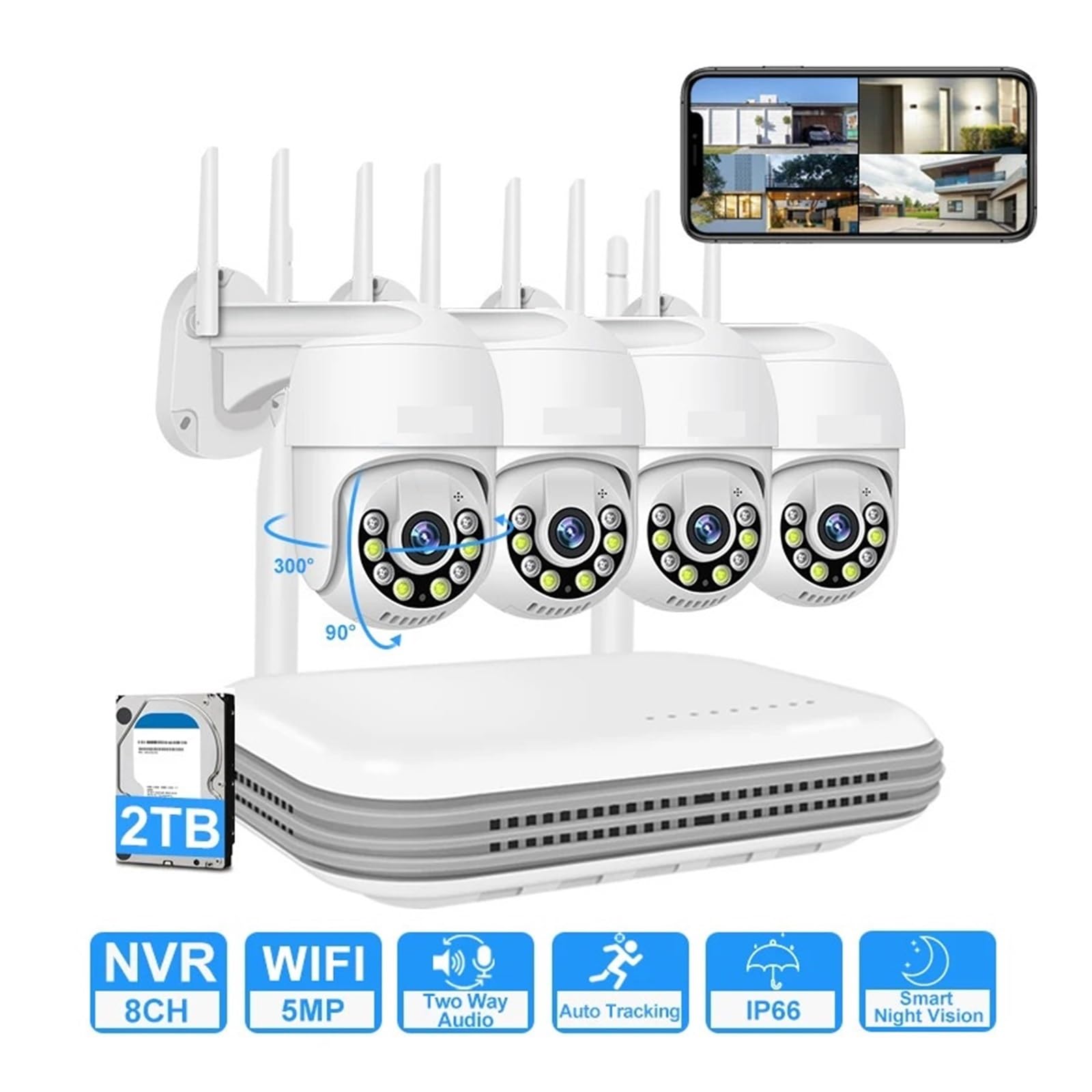PIRKO Kit de caméra sans Fil 8CH NVR 5MP, Audio bidirectionnel, 1080P, extérieur, PTZ, WiFi, Couleur, Vision Nocturne, système de vidéosurveillance, Ensemble ICsee(500g,8CH NVR x 4 Cam 5MP)