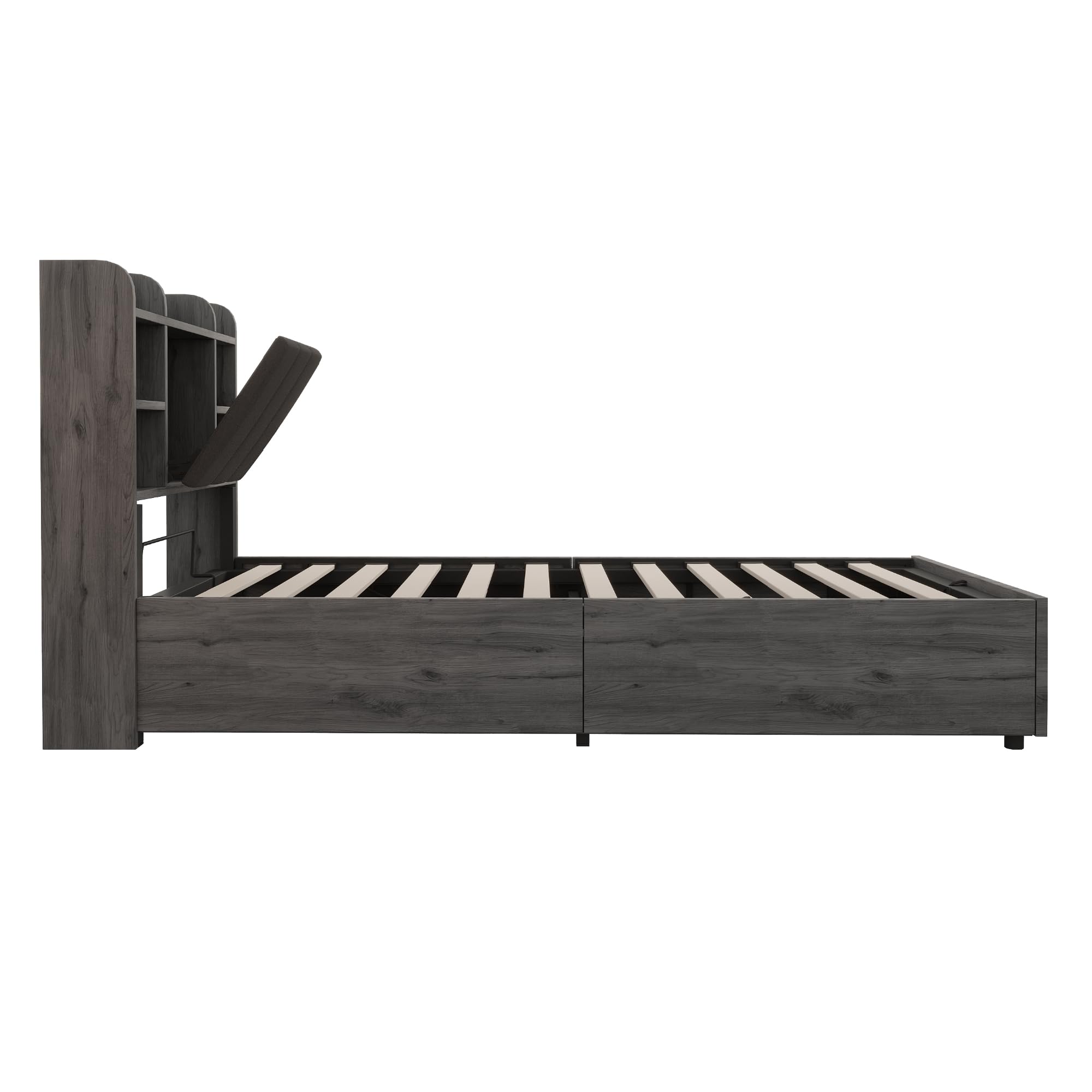 Mrwoo Cama de Madera 90x200cm, Cama Hidráulica con USB, Cabecero con Espacio de Almacenamiento, Gris (Cama Sin Colchón)