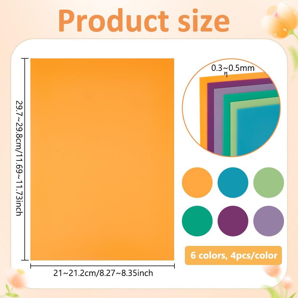 BENECREAT 24pcs 6 Couleurs Feuilles en PVC Souple Plastique Flexible 30x21cm A4 Feuilles Plastique Translucide Givré pour Artisanat Fenêtres Cadres Photo Projets d Affichage DIY