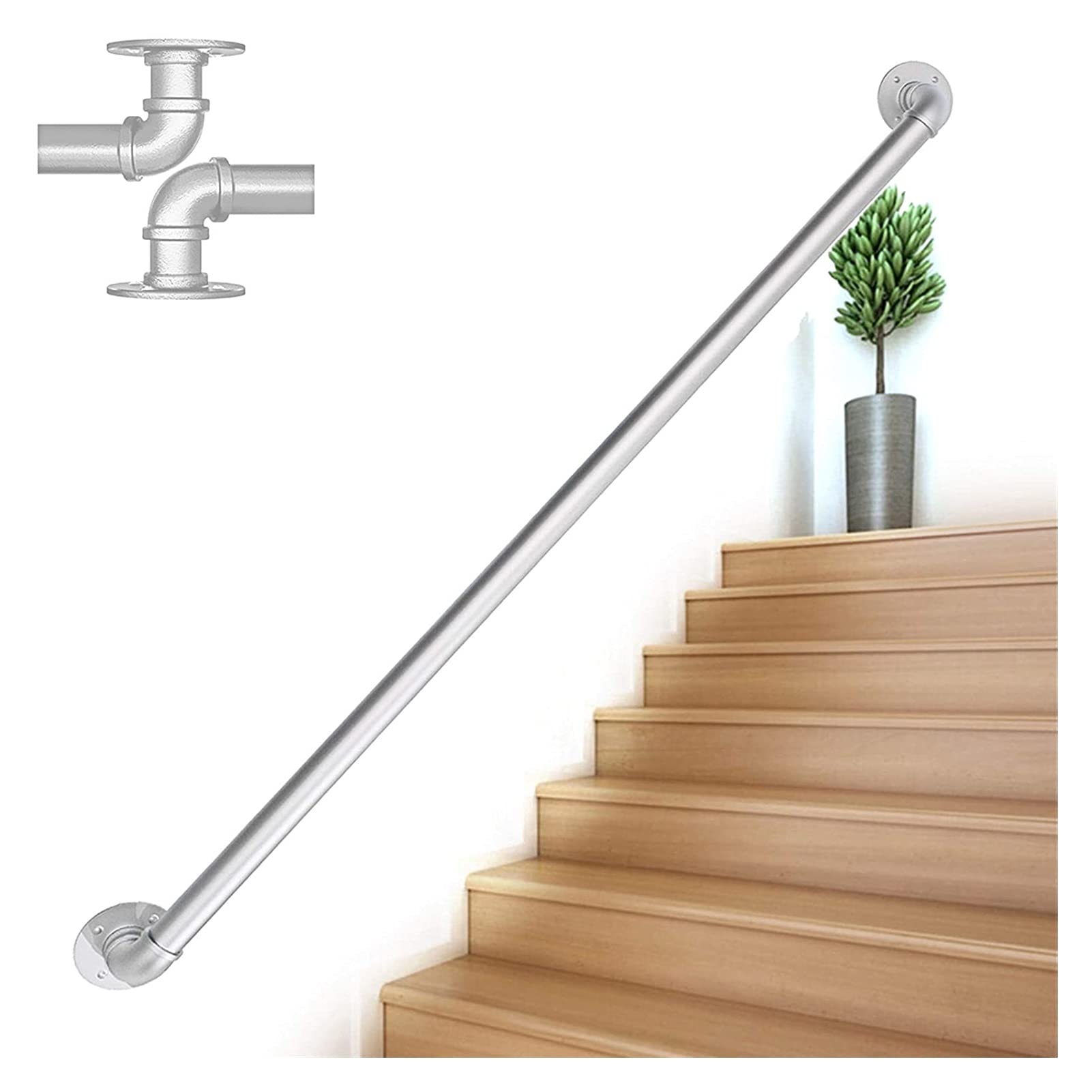 Main courante pour escalier en tuyau de métal argenté de 1 à 20 ft pour intérieur et extérieur