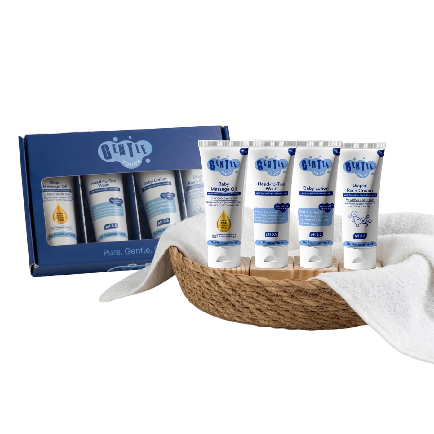 Gentle Touch Baby Essentials Trial Kit, 4-in-1 Mini Baby Care Set, Head-to-Toe Wash, Lotion, Massage Oil, Diaper Rash Cream, Travel Size