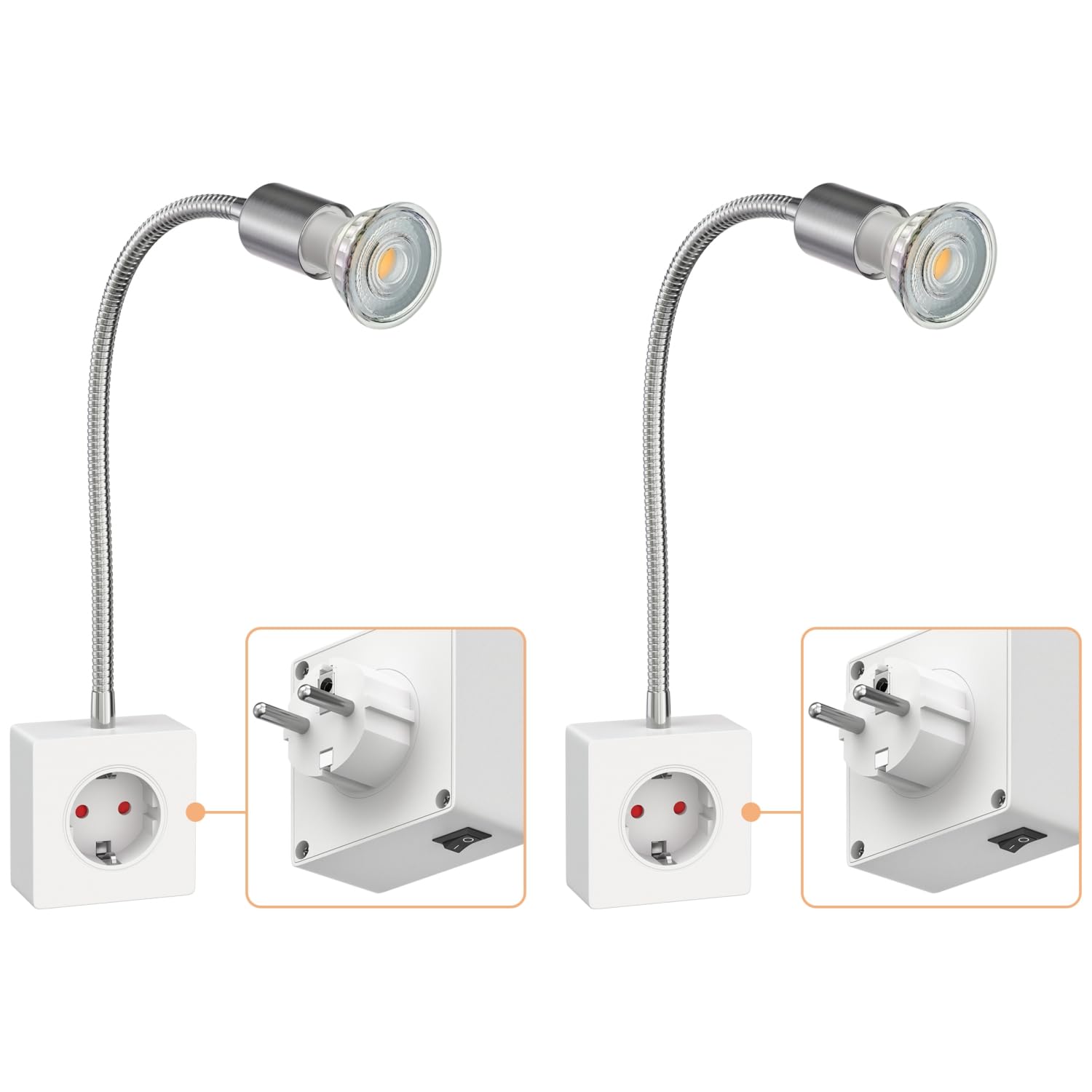 ledscom.de 2 Stück Steckdosenlampe LESCH Leselampe, chrom/weiß inkl. GU10 LED (weiß, 8,2W, 1179lm, 33°)