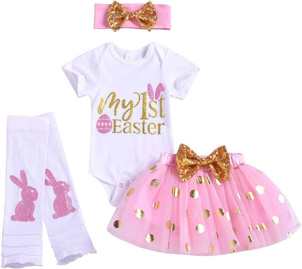 xfglck newborn baby girls easter outfit bunny letter print bodysuit+ tutu skirt+ headband +leg warmers clothes set pink 9-12 months
