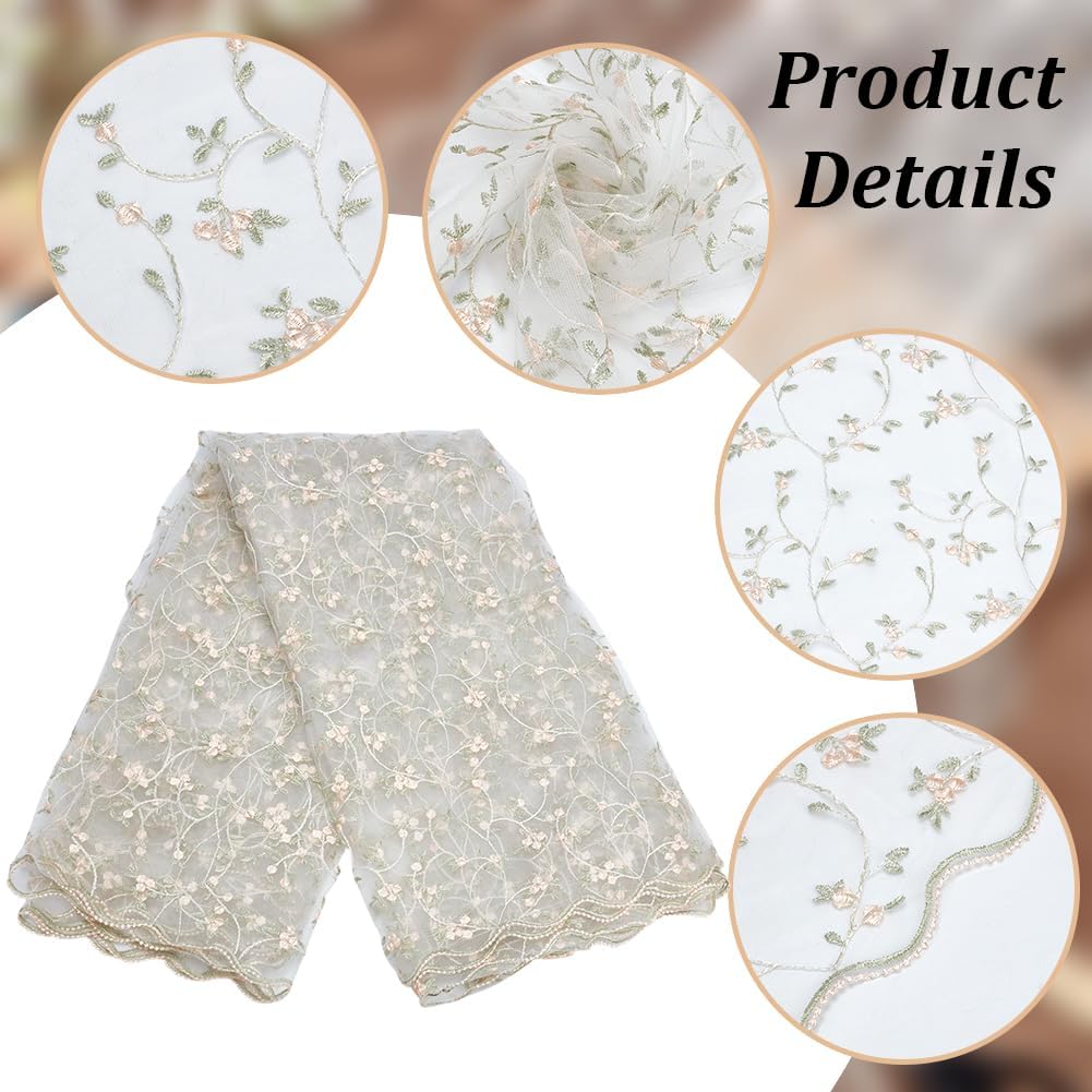 PLIGREAT 3 Yards Flower Embroidery Mesh Lace Fabric Floral Leaves Soft Tulle Lace Fabric French Sewing Trim for Wedding Garment Dresses DIY Crafts Party Home Decor