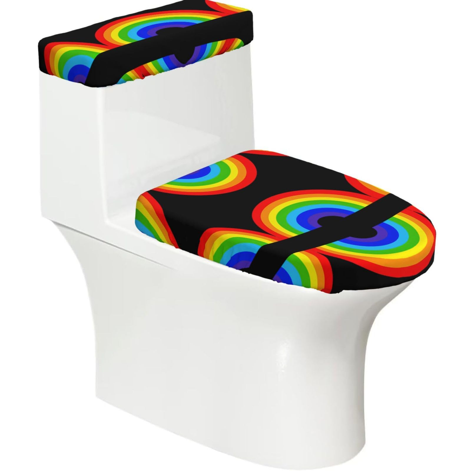 Wzycwb Black Rainbow 2-Piece Toilet Seat Cover Set With Tank Lid, Elastic Fit For U-Shape & Elongated Toilets, Bathroom Decor, Housewarming Gift