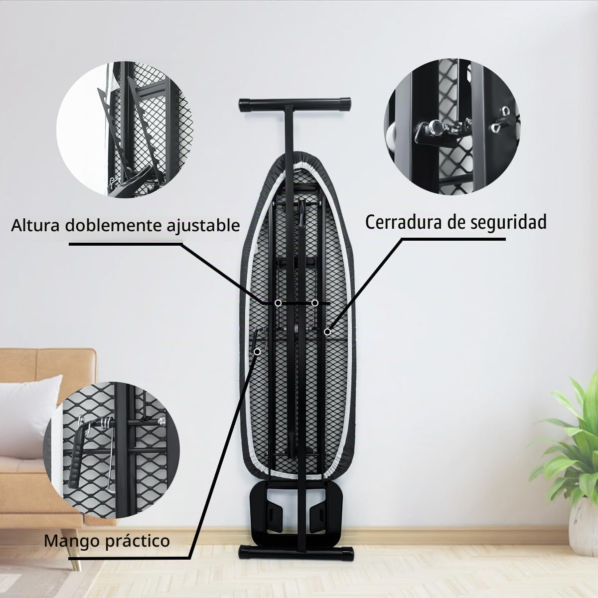 Duwee Tabla de planchar con cubierta resistente al calor y almohadilla de fieltro gruesa, plegable, altura ajustable, tabla de planchar compacta, peso ligero, fácil de almacenar, negro, 31 x 91 cm