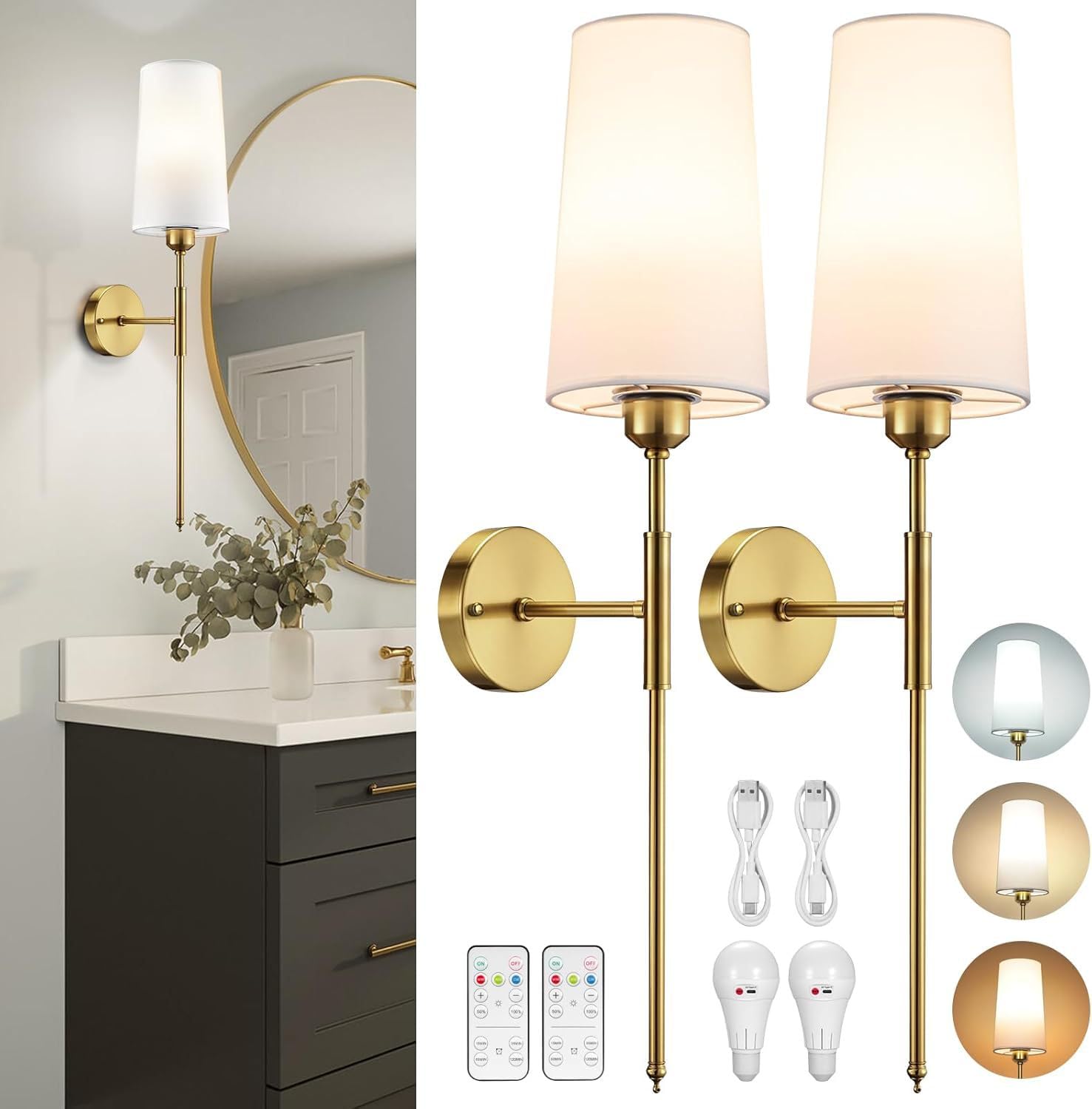 Lampada da Parete Wireless Ricaricabile, Stile Vintage Industriale, Senza Collegamento alla Rete elettrica, Colore Oro, per Interni, con Telecomando, Attacco E27, dimmerabile, USB,