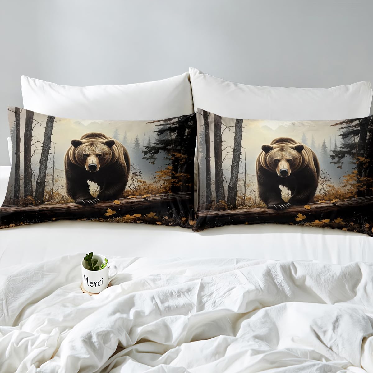 Homewish Nature Forest Bear - Juego de ropa de cama doble con diseño de oso pardo pardo, juego de sábanas bajeras de animales salvajes del bosque, 4 piezas