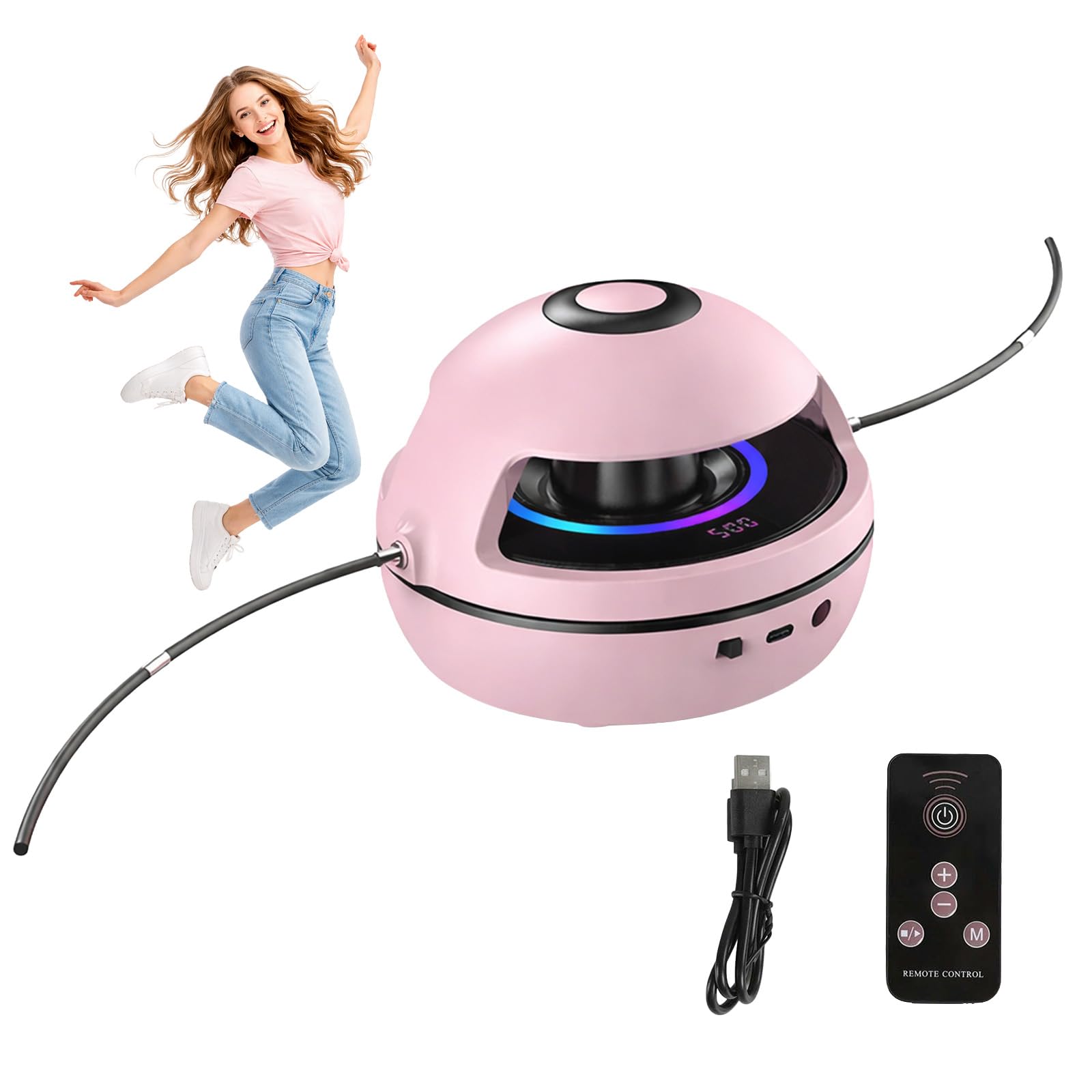 Music Jump Rope Machine – Wireless Skipping Rope with Bluetooth Speaker, 10 Speed Levels, LED Display Counter, Colourful Lights – Smart Cordless Jump Rope for Adults Kids Home Gym Equipment – Pink