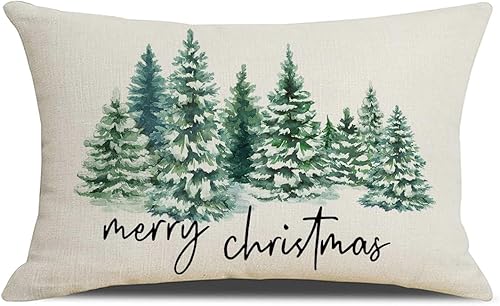 Fundas de almohada de Navidad de 12 x 20 pulgadas, diseño de árbol de Navidad en acuarela, bosque natural, funda de cojín decorativo para vacaciones disponible en Yaxa Peru