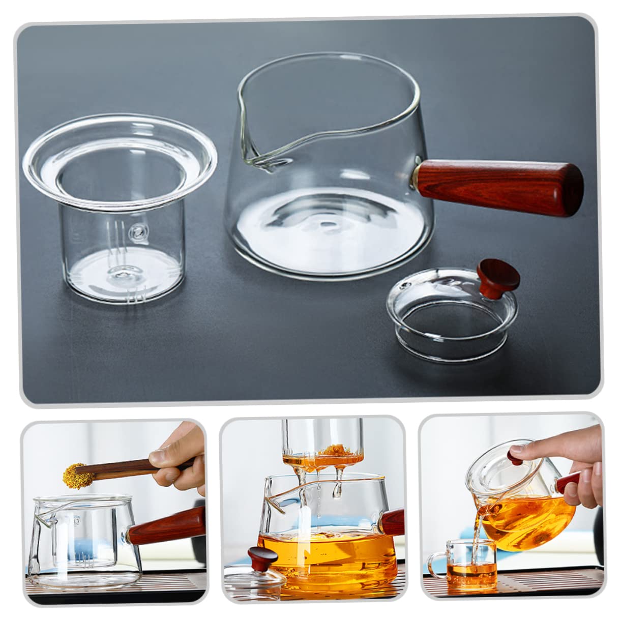 VALICLUD Teekanne aus Hitzebeständigem Glas mit Holzgriff 500ml Glas Teekessel mit Siebeinsatz für Losen Tee und Teebeutel Transparente Haushalts Teekanne für Täglichen Gebrauch