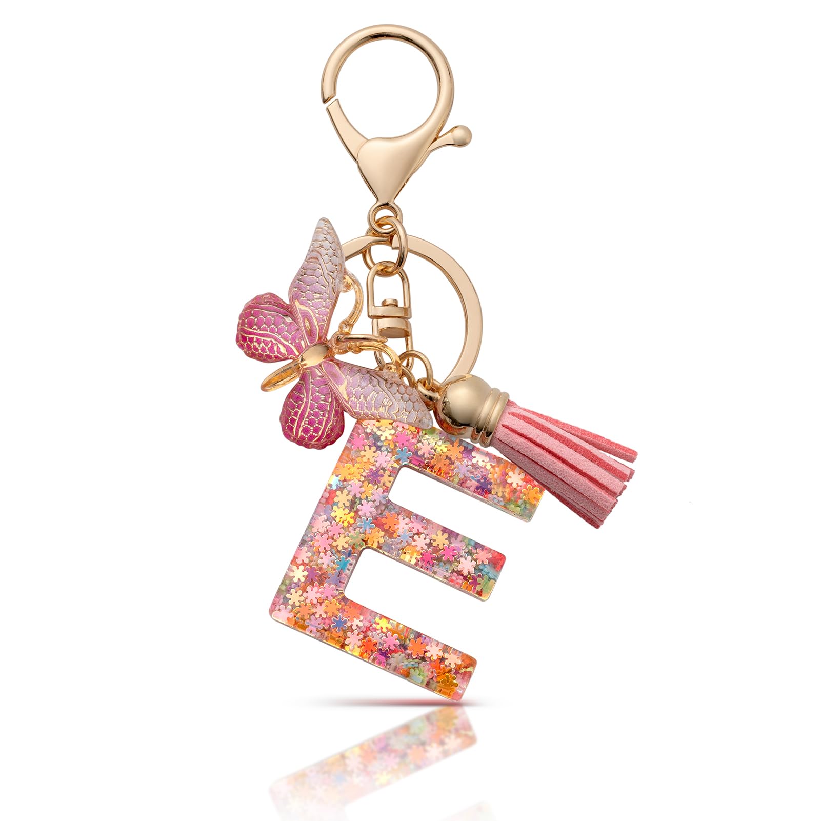 CHUQING Schlüsselanhänger Buchstabe Mädchen Schlüsselanhänger mit Anfangsbuchstaben Schlüsselbund mit Schmetterling für Frauen Rosa E