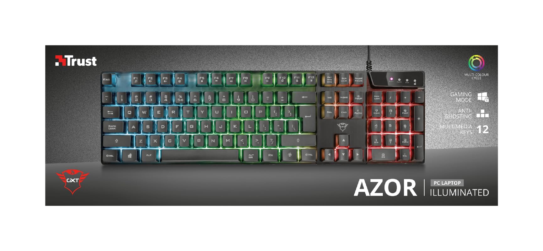 Trust Gaming GXT 835 Azor klawiatura z podświetleniem, hiszpański układ QWERTY, oświetlenie LED, bezprzewodowa klawiatura do gier do gier do systemu Windows, Mac, PC, komputera, laptopa, czarna