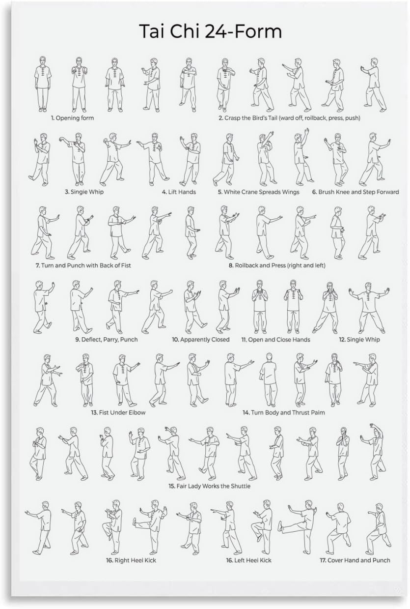 PKNVKZIDK Tai Chi for Beginners Poster 42 Form Chart Illustrated Movements Educational Poster for Home Practice and Dojo Wall-Art Unframed,12x18inch(30x45cm)