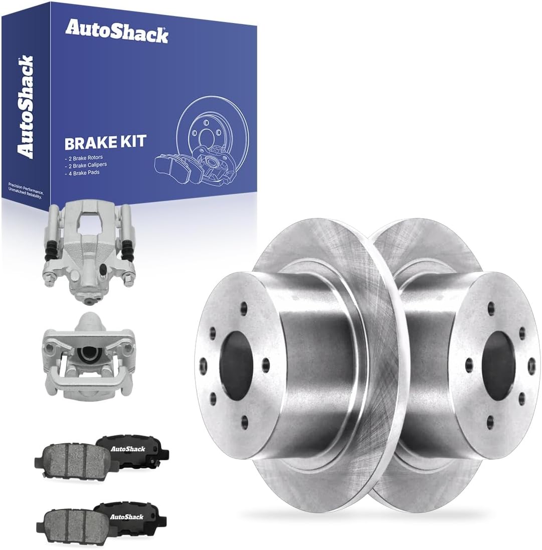 AutoShack Rear Solid Brake Rotors + Ceramic Pads + Calipers 8-PC Brake Kit Replacement for 2009-2023 Nissan Altima 2004-2008 Nissan Maxima 11.48" (291.6 mm)