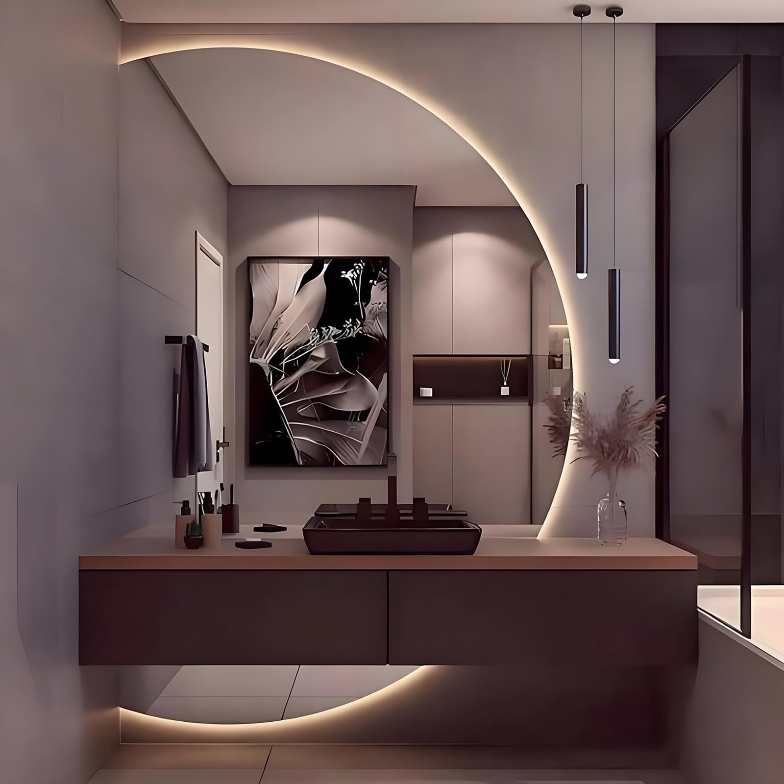 WQZzjm LED Backlit eless HalfMoon Bathroom Mirror, 110 x 70 cm, AntiFog Makeup Mirror with 3 Adjustable Brightness Levels, WallMounted, Shatterproof Design (Coupe Gauche 90X60cm)