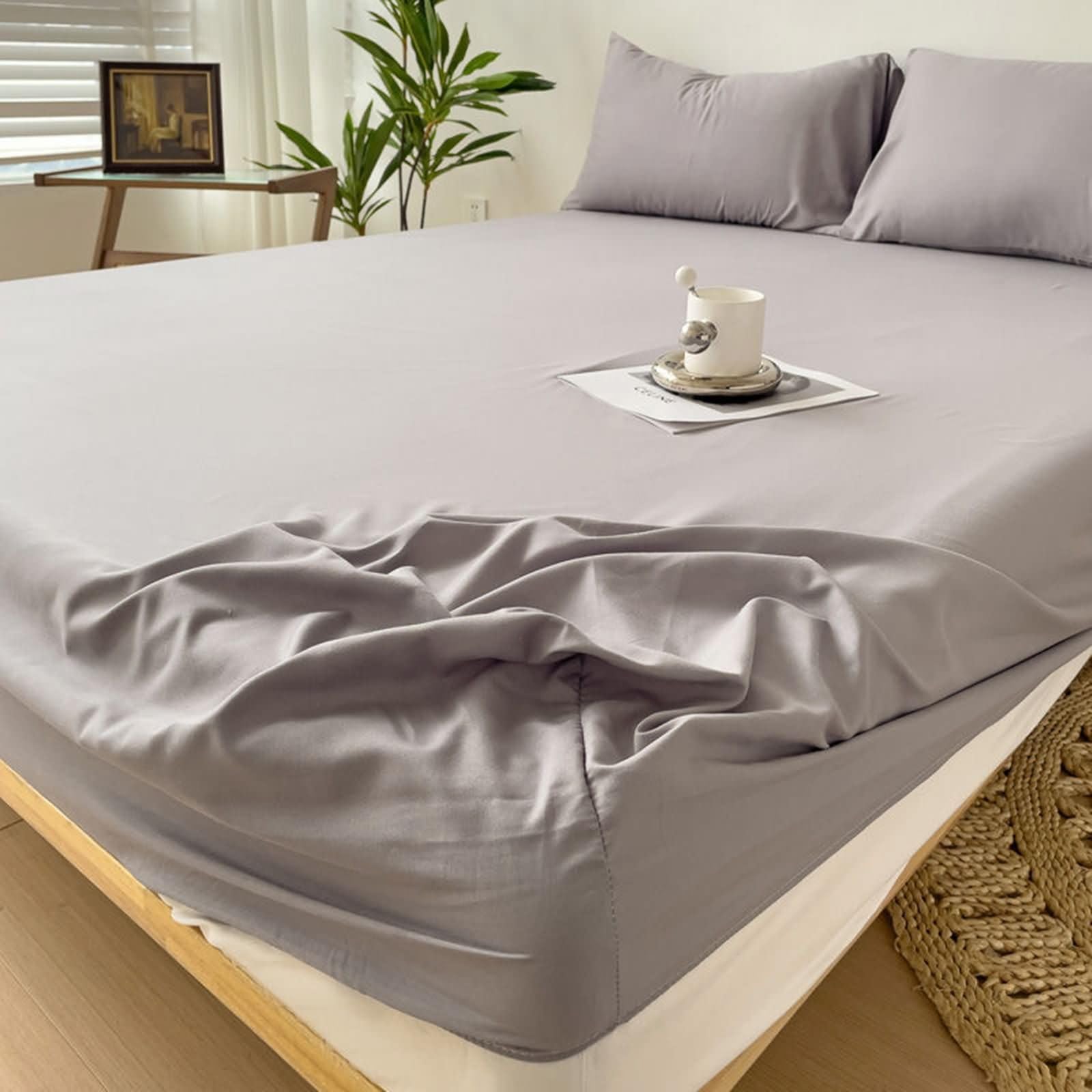 Sábana bajera de 200 x 220 cm de fibra de bambú con 2 fundas de almohada, sábana bajera ajustable de color gris claro hasta 25 cm de altura