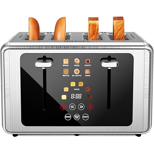 whall 4 Slice Touch Screen Toaster, Stainless Steel Toasters Digital Timer, Dual Control Panel Toasters，6 Shade Settings＆6 Bread Types, Smart Wide Slots, Bagel, Cancel, Defrost,Silver