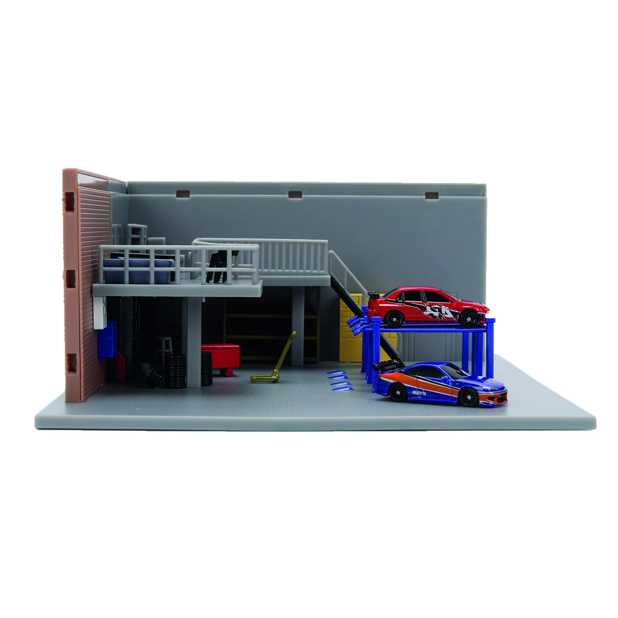 Jada, Fast & Furious Nano Escenario Garaje de Han, Set de rodaje a Escala 4 cm, Incluye 2 Coches con carrocería de Metal Ruedas Libres y Goma, muros Desmontables, +8 años (9336403314R00)