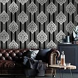 JZ·HOME 9453 Damask Wallpaper Peel and Stick 17.7' x 9.8ft Black/Gray Striped Removable Contact Paper Self-Adhesive Drawer Shelf Liner Vinyl Roll for Wall and Furniture Decor