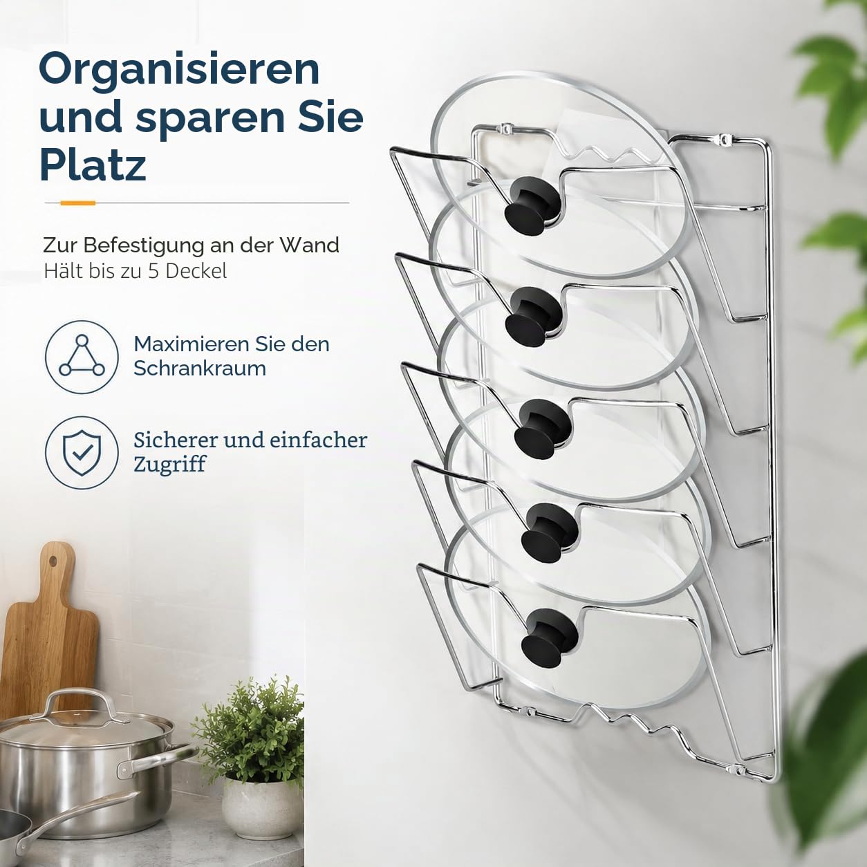 Yosoo Health Gear Wandmontage Topfdeckelhalter Chrom 5 Deckel, 2 Stk.