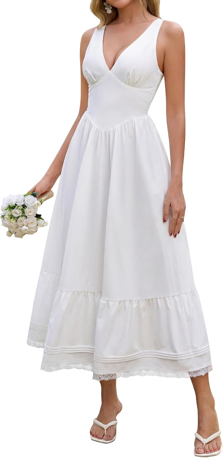 Floral Corset Midi Dress Casual V Neck Spring Summer Lace Flowy Sundress Wedding Guest Dresses for Women 2026