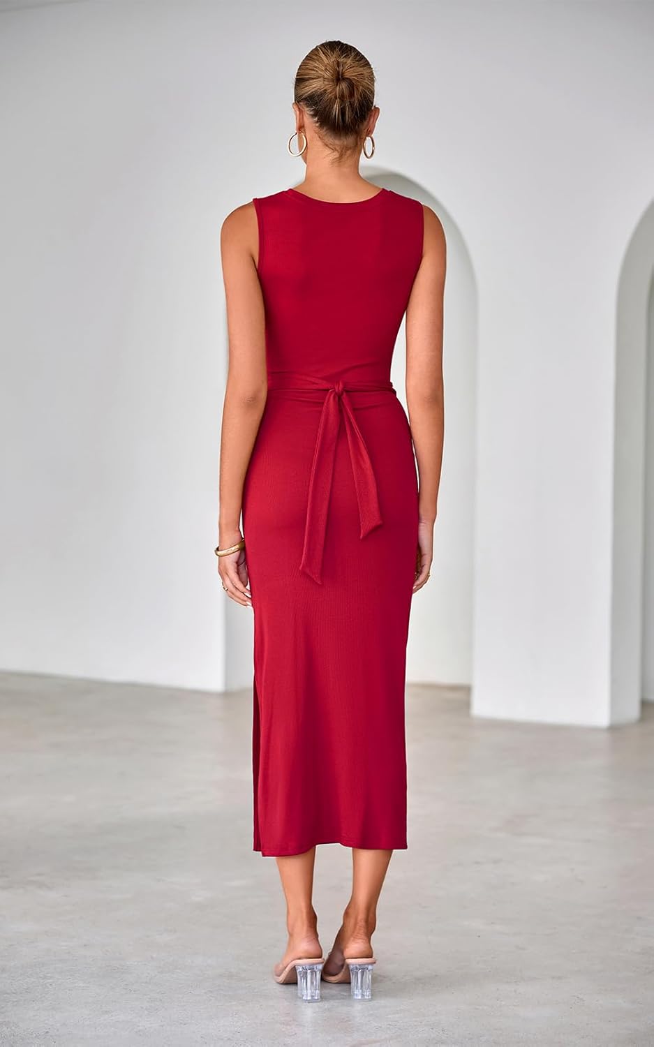 oten Women's Sexy Cut Out Ruched Bodycon Maxi Dress Sleeveless Tie Knot Slit Ribbed Party Club Night Out Dresses - Image 3