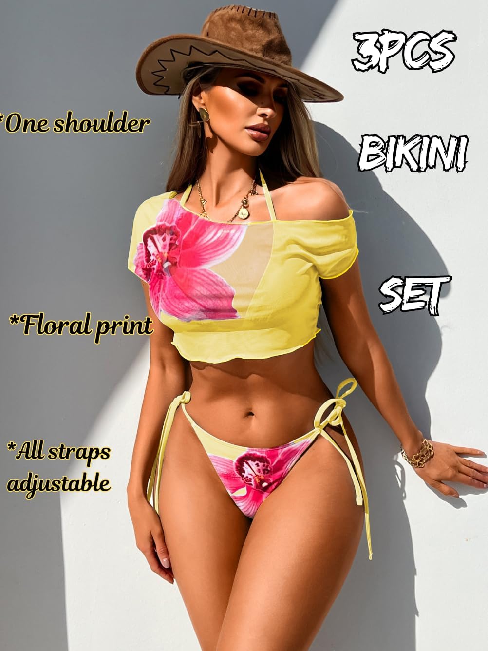 Women Sexy Floral 3 Piece Swimsuit, Halter String Cheeky Bikini Set Mesh Cover Up Crop Top, Bathing Suit Beach Outfit - Image 3