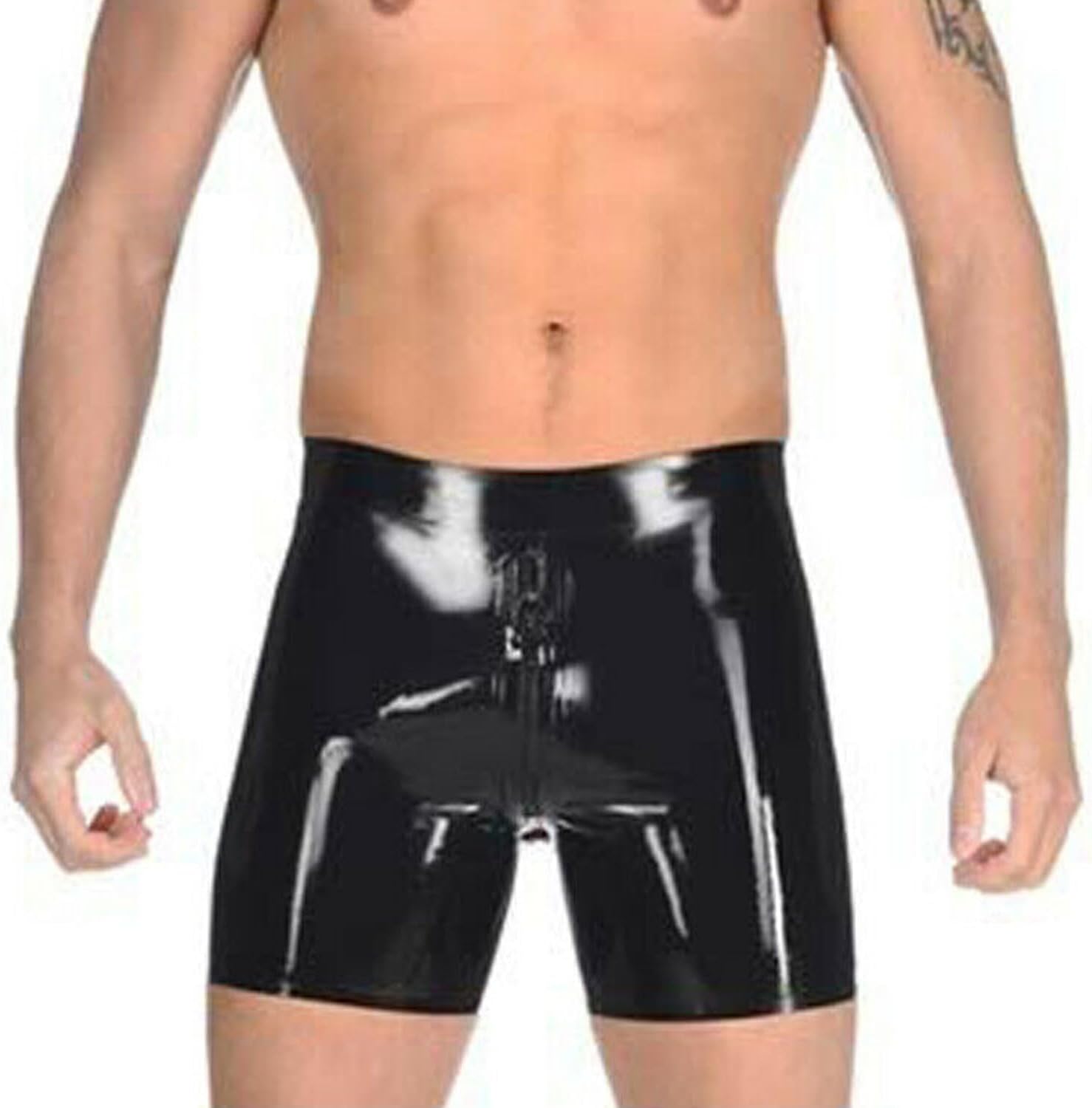 Men Black Latex Shorts Half Pants Front Crotch Zipper with Red Anus Anal Condom Middle Trousers Tight High Elastic